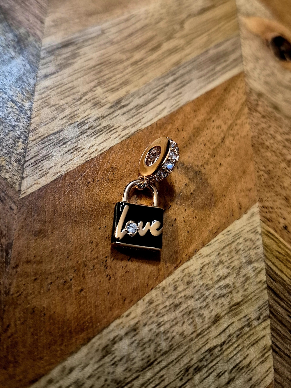 Pandora 14k Rose Gold Played Padlock 'Love' Charm with Crystal Bail